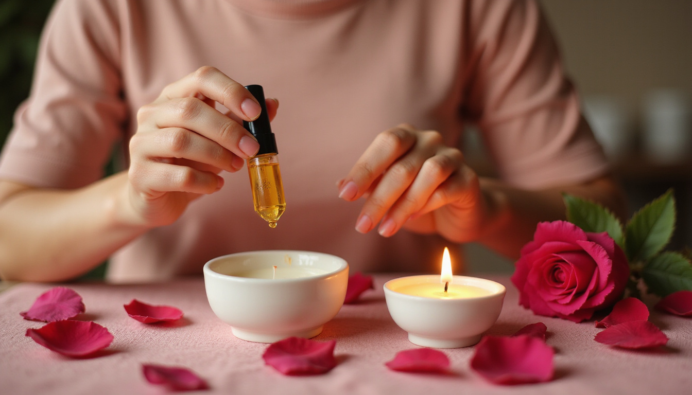 Woman applying ampoule serum, candlelight ritual, porcelain bowl, rose petals, serene minimalism