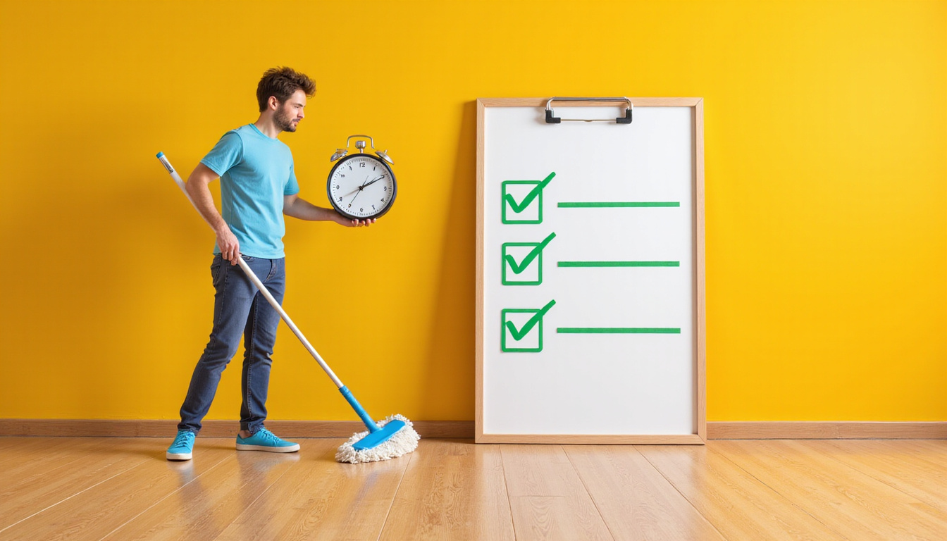  Cleanout sprint: person with mop and stopwatch, polished hardwood floors, checklist with green checkmarks