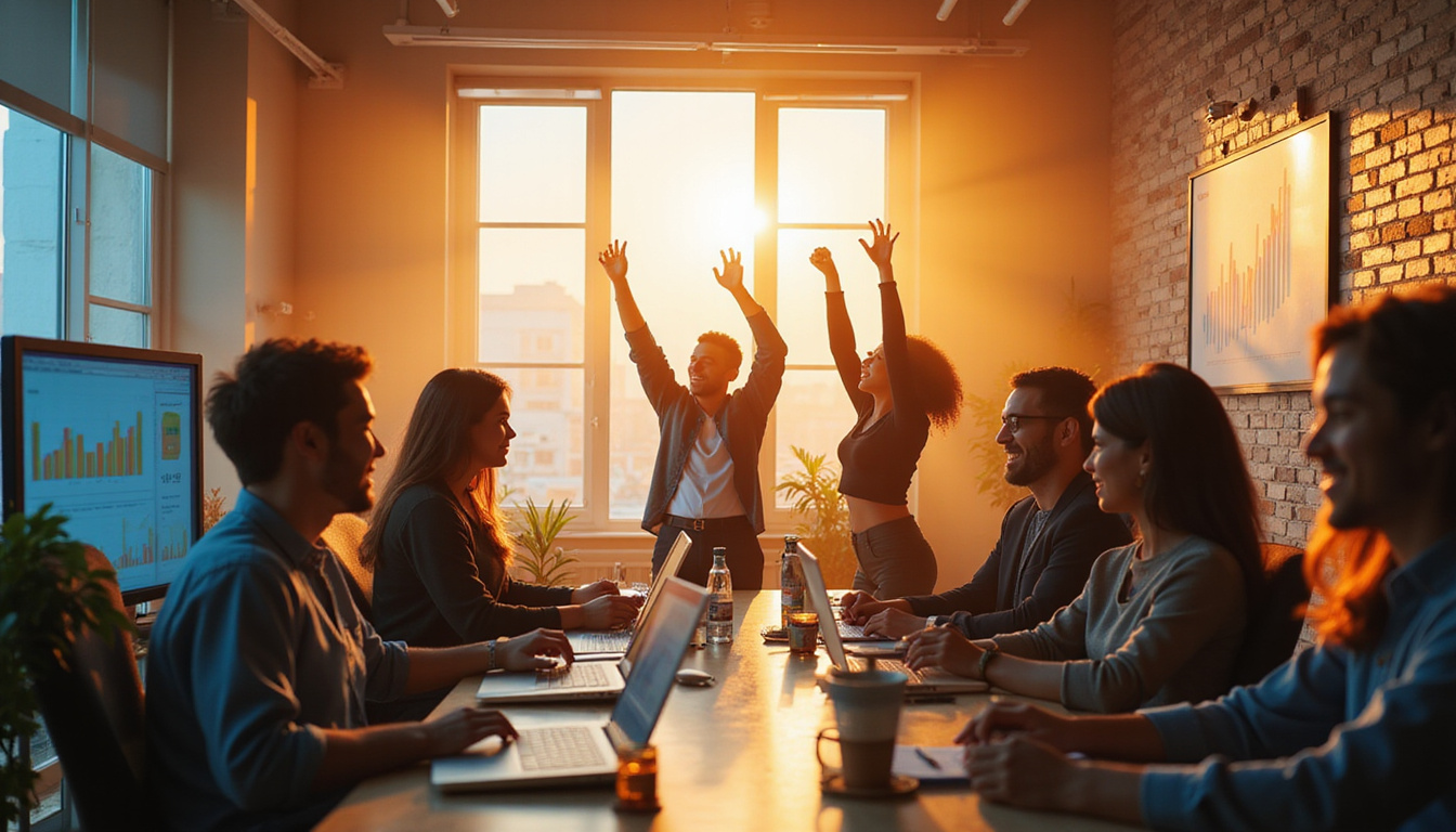 Modern call center team celebrating recovered sales, charts rising on monitors, warm morning light, energetic atmosphere