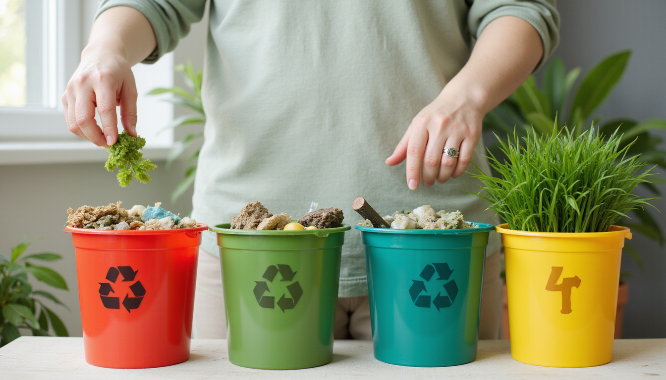 Hands sorting recyclable waste into labeled bins while tidy home glows with green plants