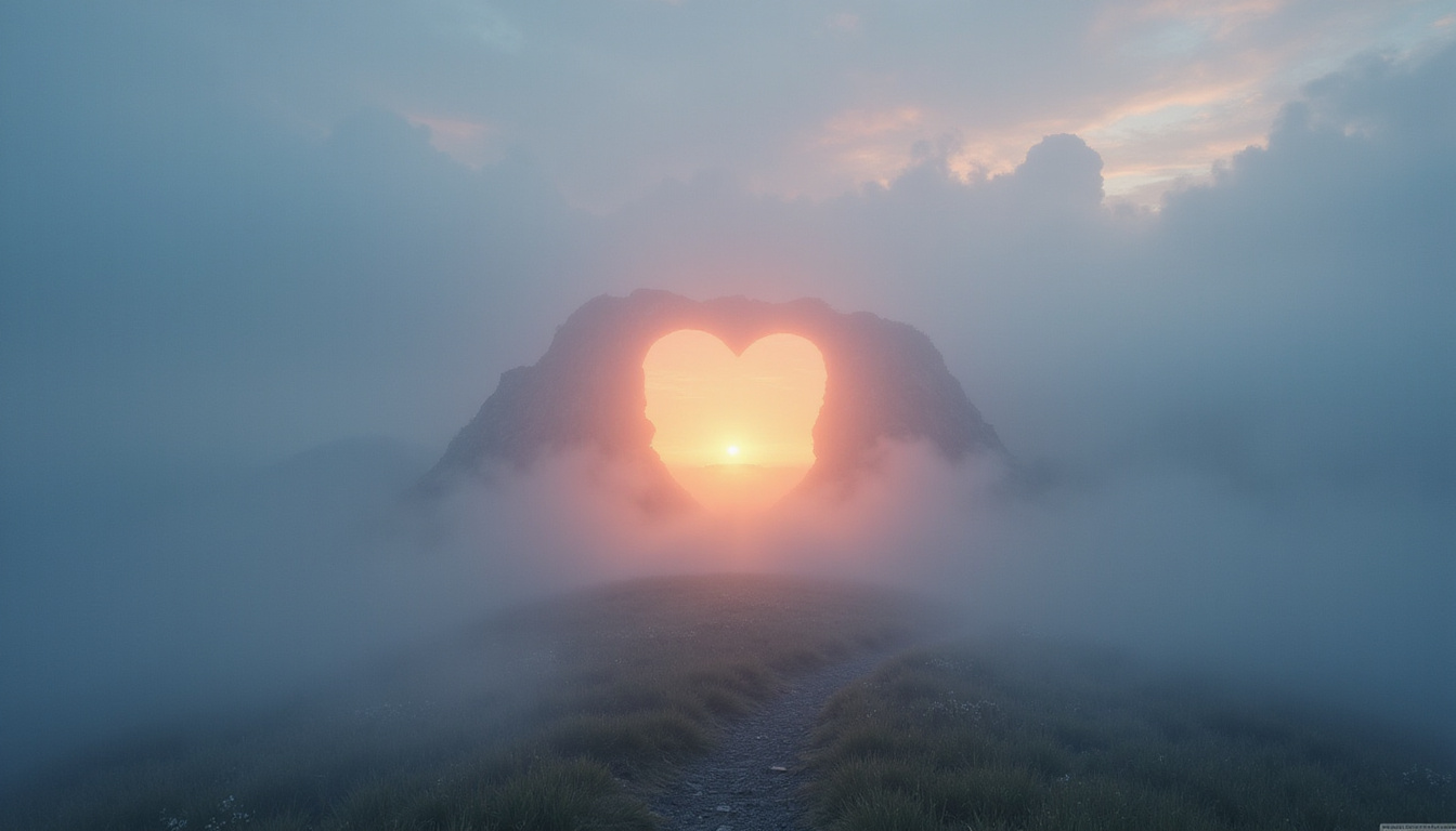  Calm surreal landscape with open chest revealing glowing emotional clarity, soft fog, gentle light