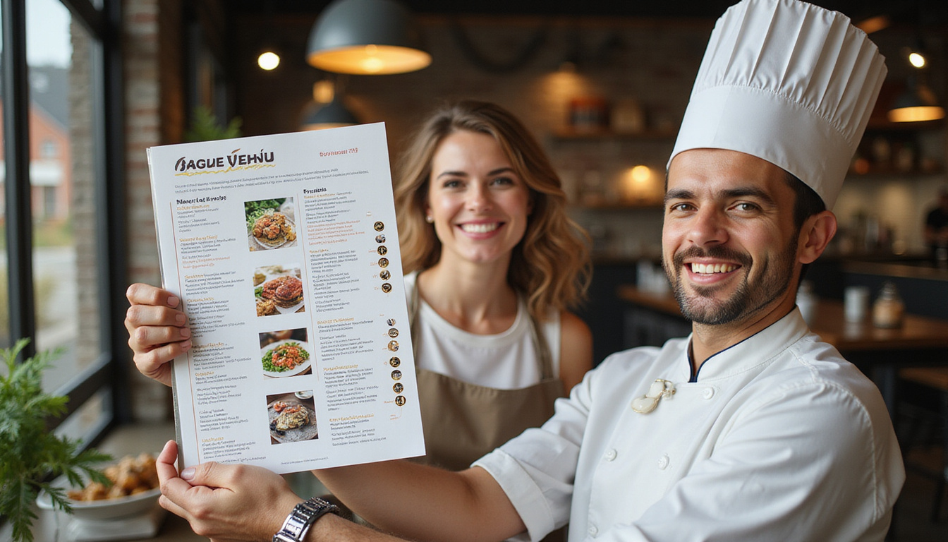  Chef holding menu with QR codes, colorful photos, eye-catching icons, customers smiling, upward sales graph