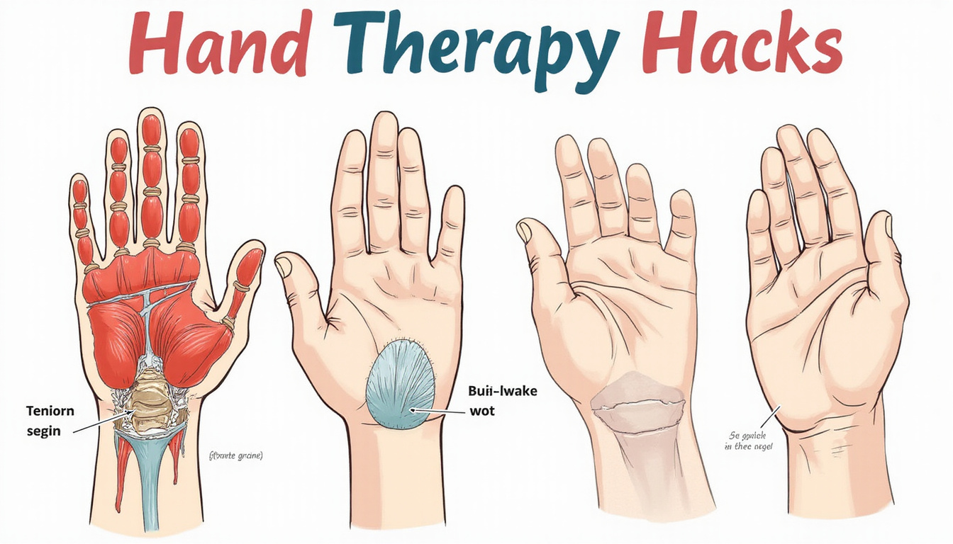  Illustrated step-by-step hand therapy hacks: colorful diagrams of grip, tendon anatomy overlay, soothing pastels