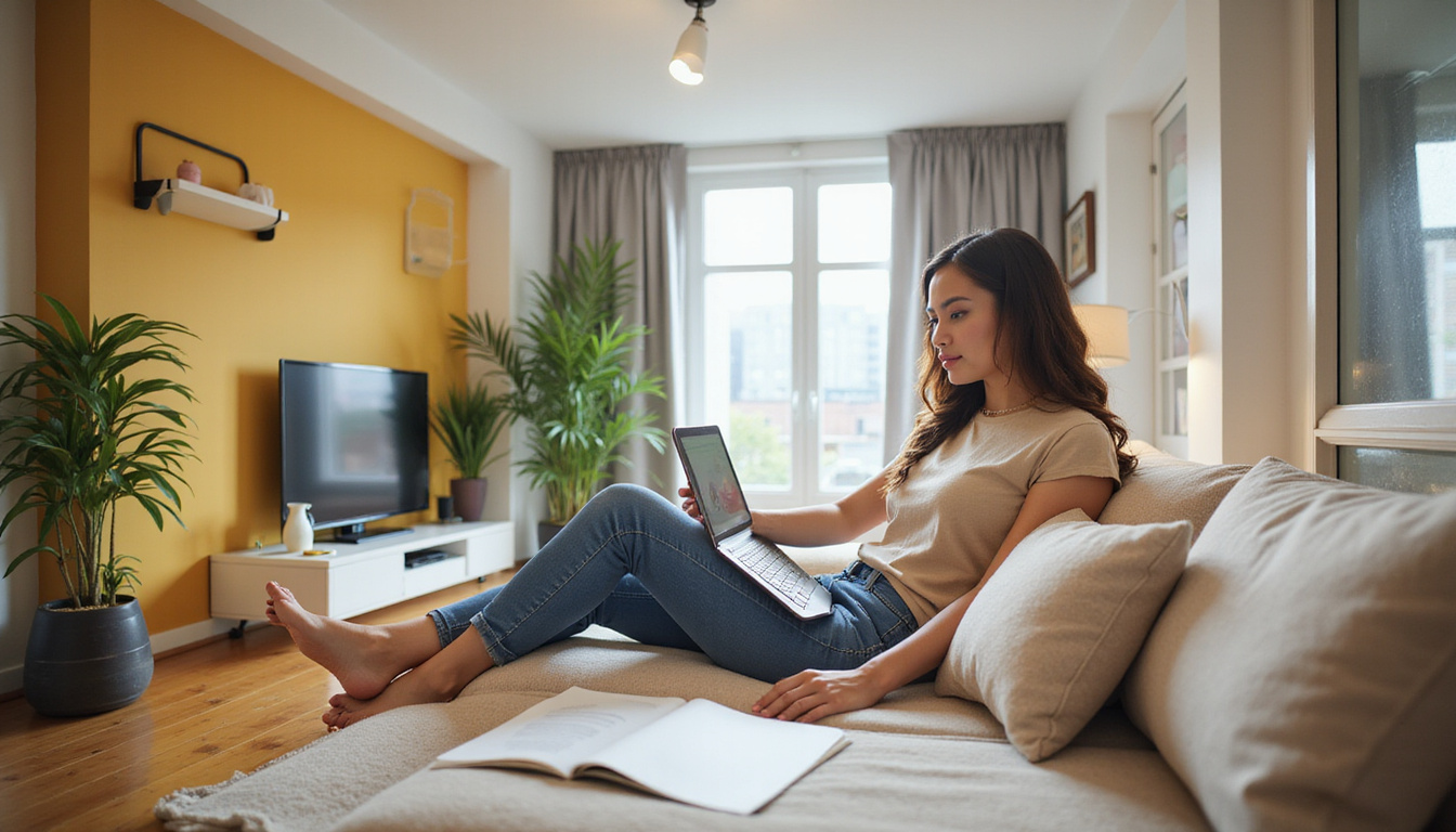  Traveler comparing rental deals on laptop in cozy short-term apartment, piggy bank, infographic overlays