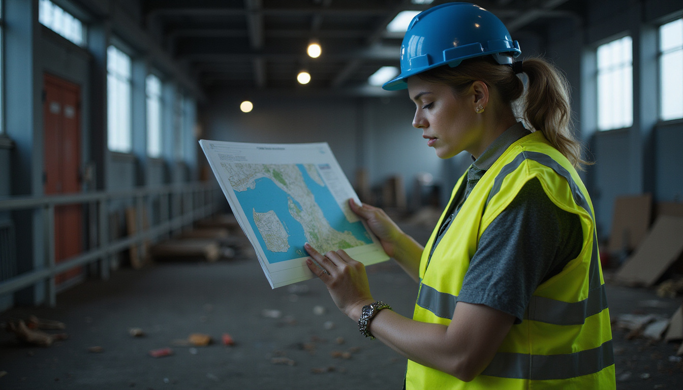  architect in reflective vest comparing digital tablet plans to field conditions, dramatic lighting