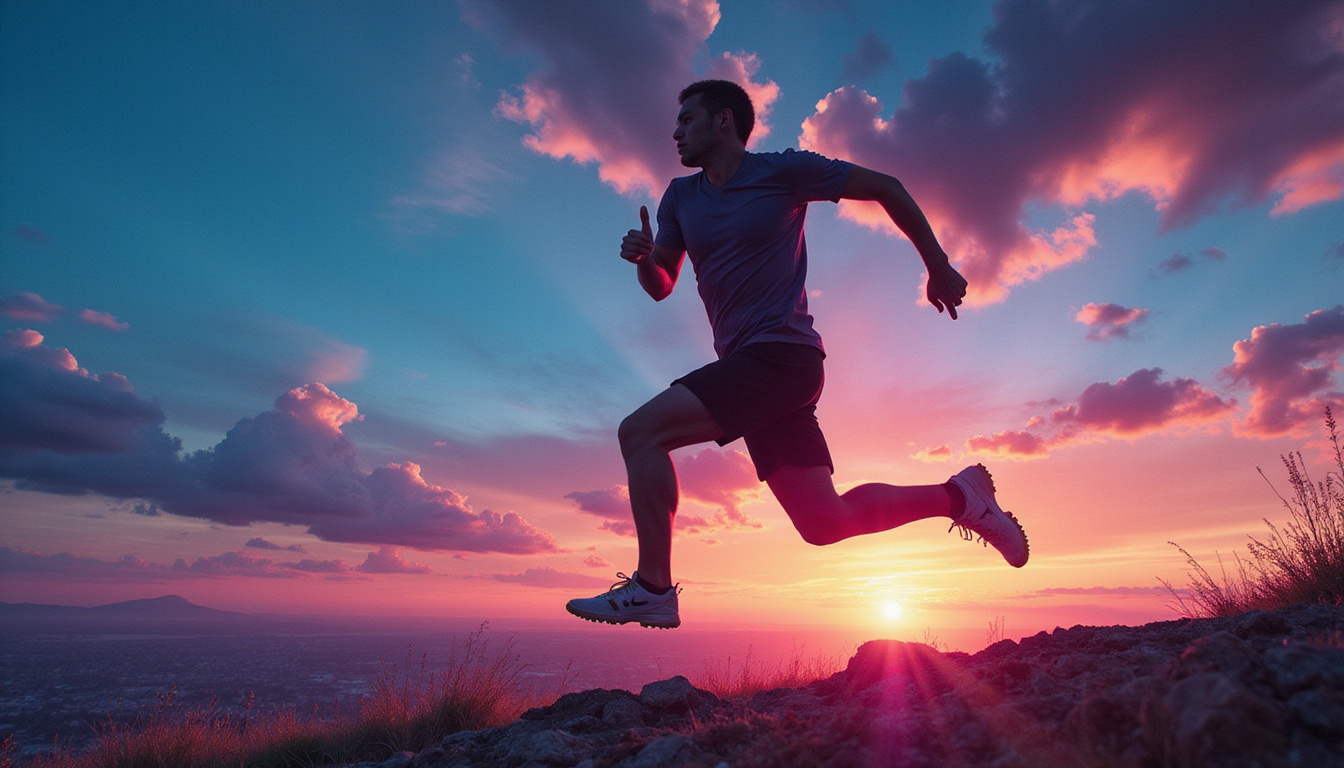  Athlete sprinting upward, mood uplift icons, avocado eggs nuts orbiting, neon performance trails