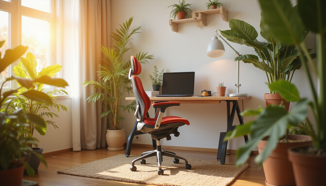  Ergonomic home office with lumbar support chair, laptop, green plants, warm golden light