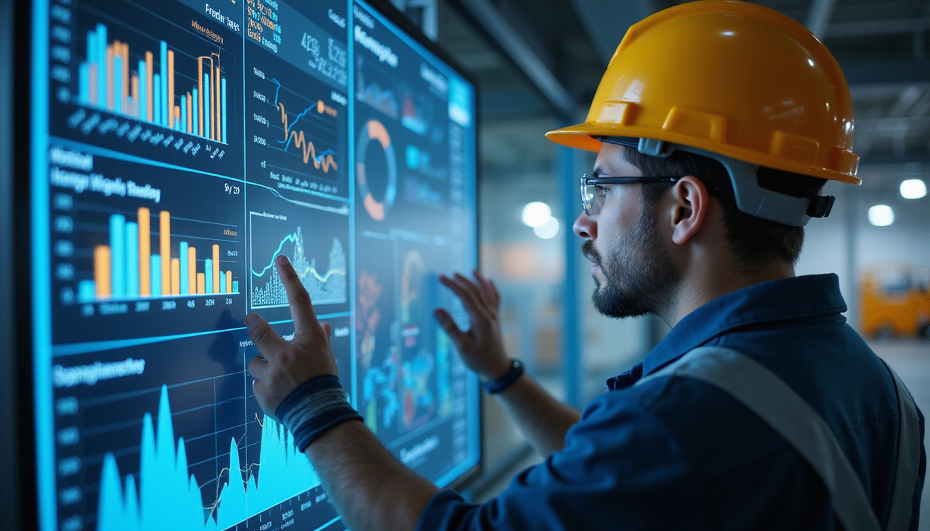 Engineer in hardhat reviewing digital logistics dashboard, holographic routes, cost-saving graphs, cinematic