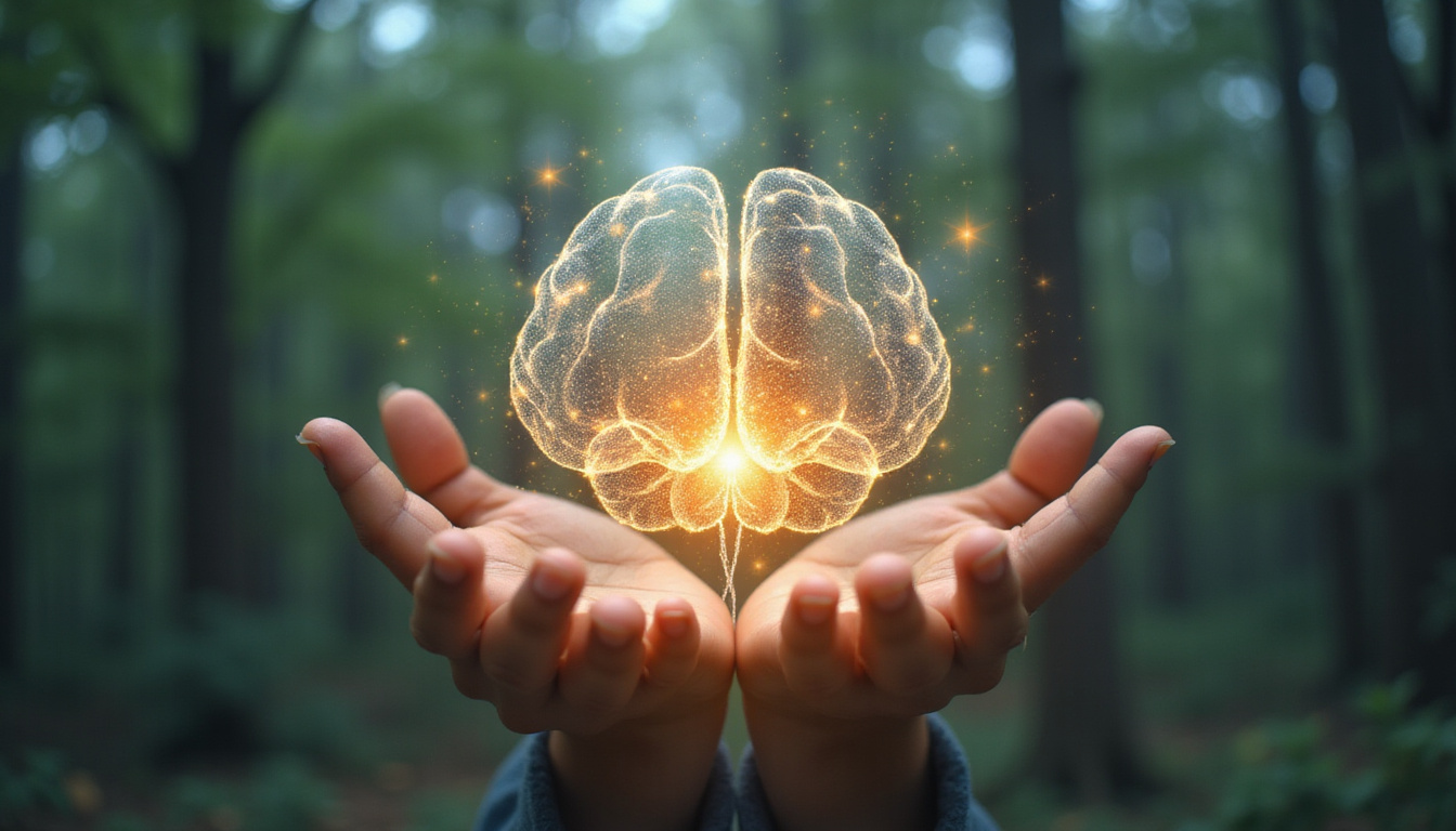  Close-up hands forming mudra, circuits of light mapping brain, tranquil forest retreat atmosphere