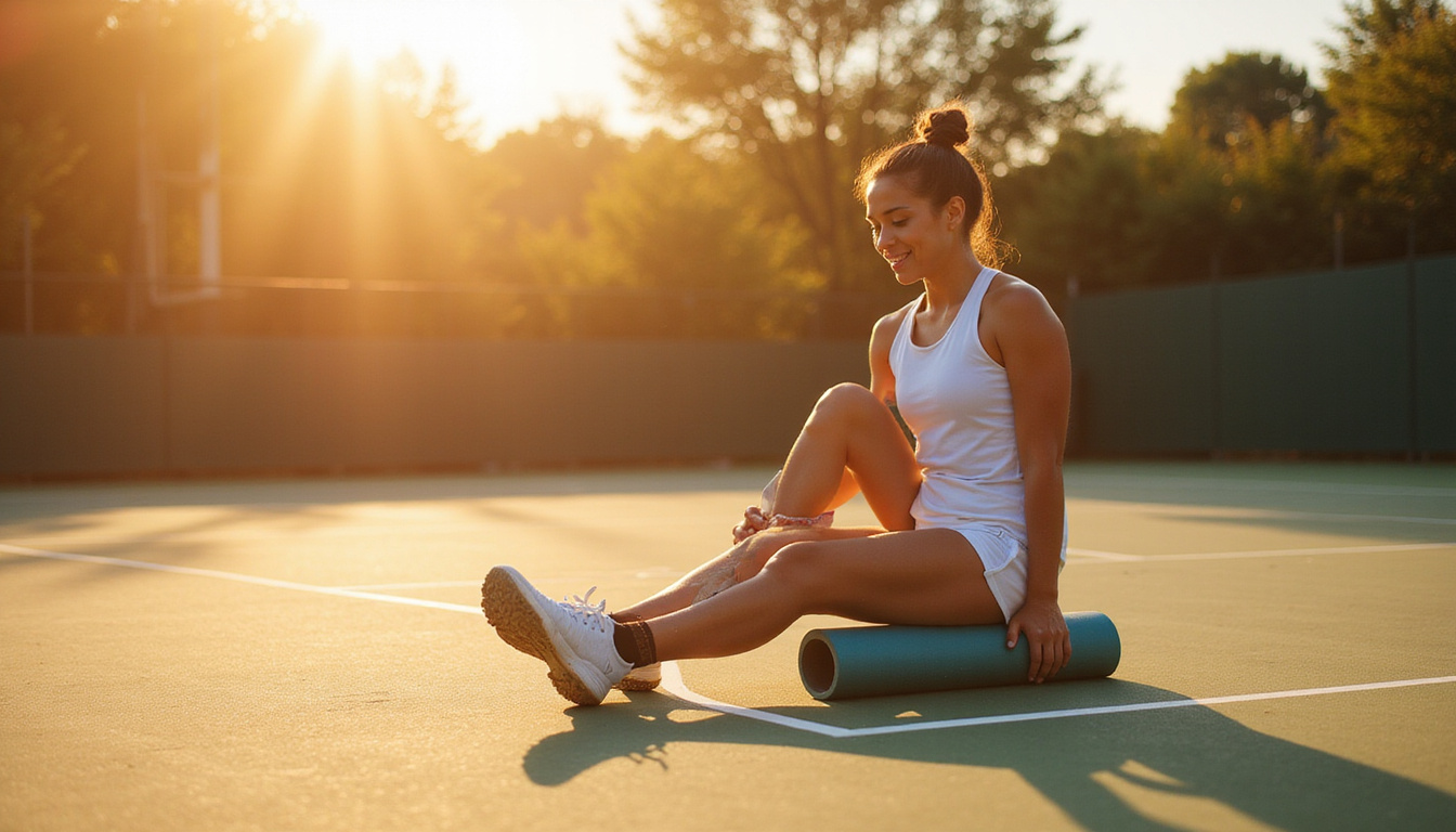  Sunlit player on court performing plantar fascia stretches, foam roller, band-assisted towel stretch illustration
