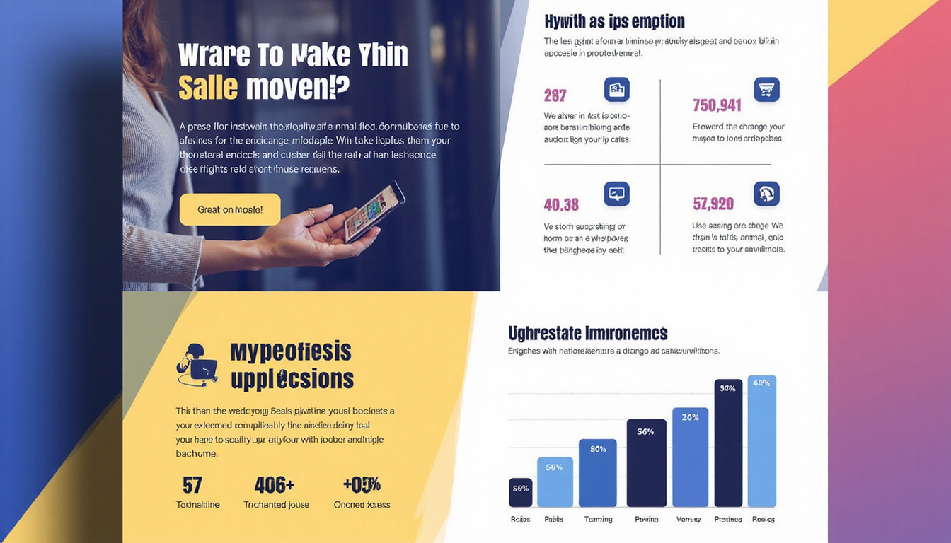  High-contrast one-page marketing layout, grid sections, icons, sales chart, professional hands presenting