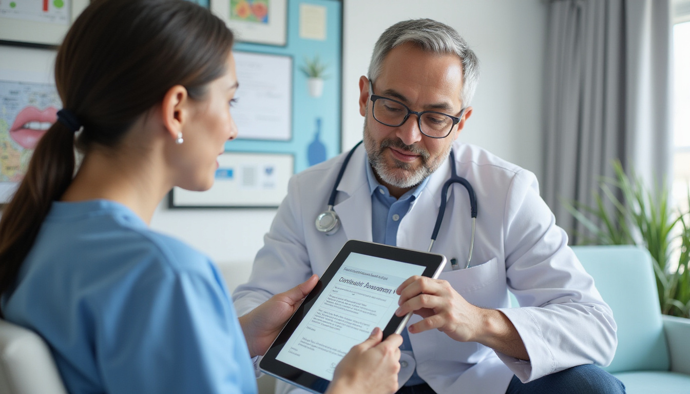  Therapist consulting patient, reviewing digital assessment on tablet, friendly professional, certificates visible