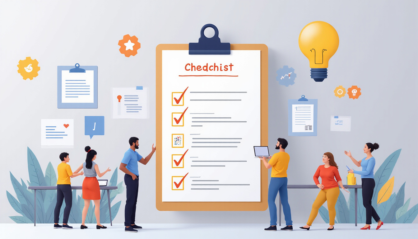  Organized clipboard checklist titled Easy Implementation, icons, diverse team collaborating, soft-focus background