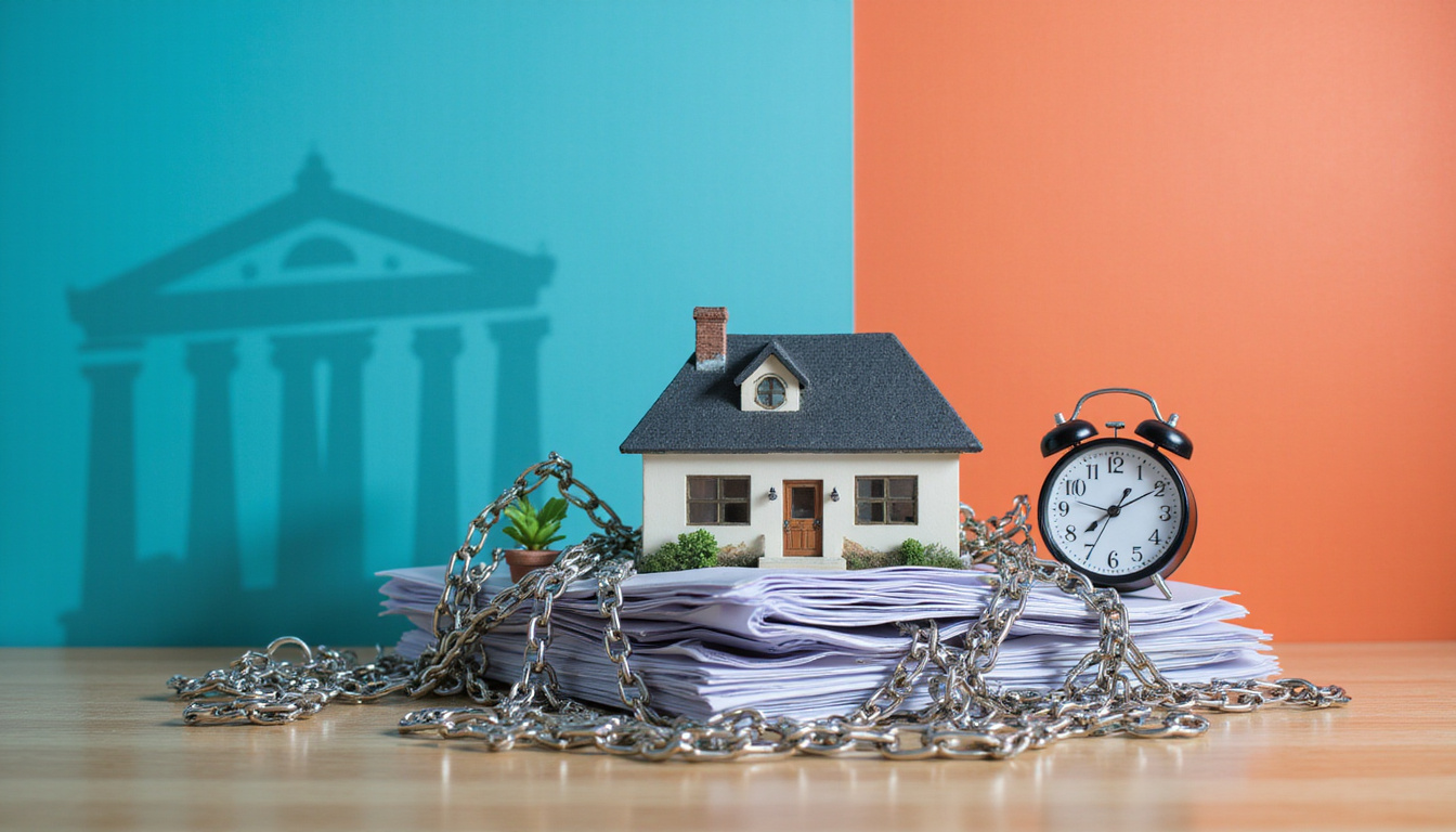  Stack of legal documents tangled in chains around miniature house, ticking clock, ominous courthouse shadows