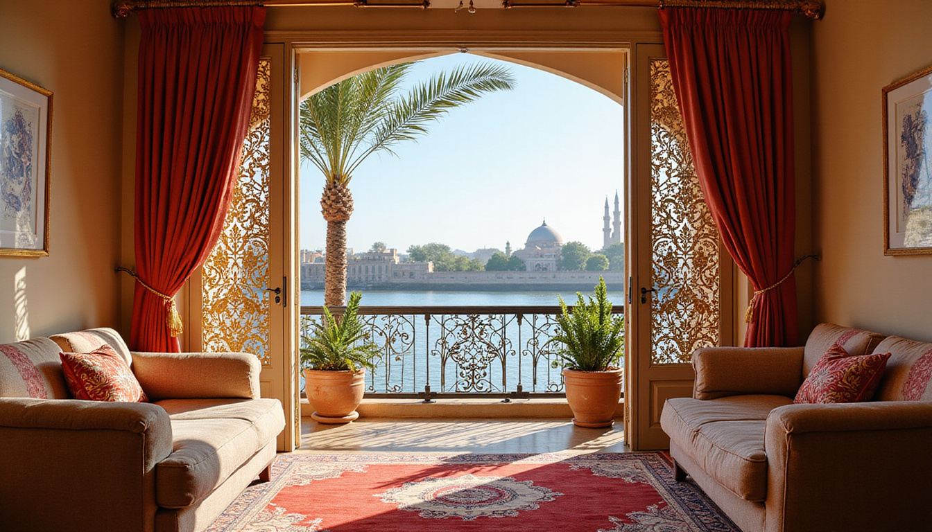  Opulent suite balcony with mashrabiya screens, gold accents, palm-framed river panorama