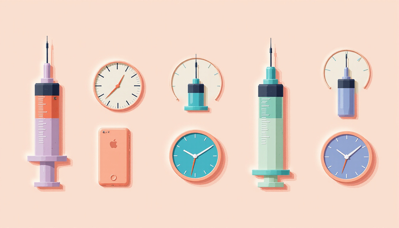  Minimalist infographic: color-coded syringe icons arrayed with clocks, smartphone reminders, warm pastel palette