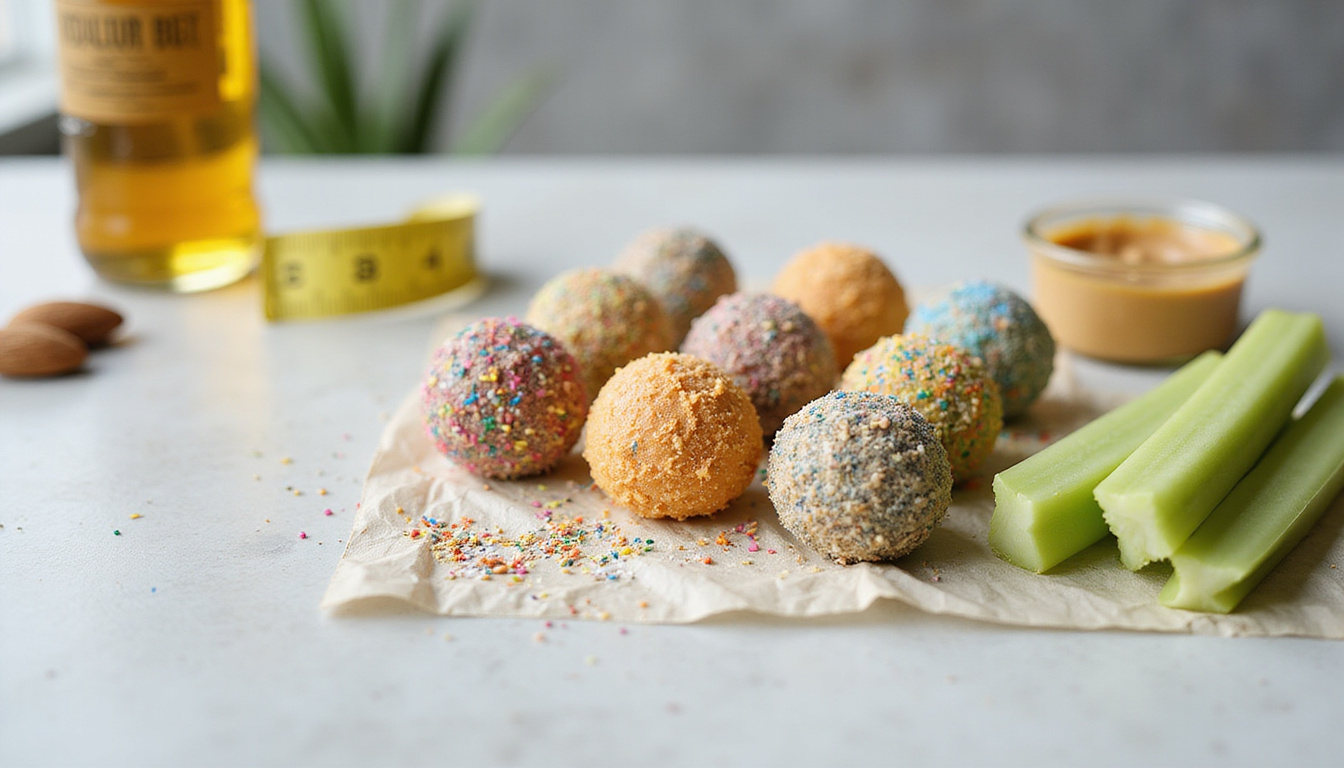  Bright kitchen counter displaying colorful keto fat bombs, celery sticks, almond butter, measuring tape nearby