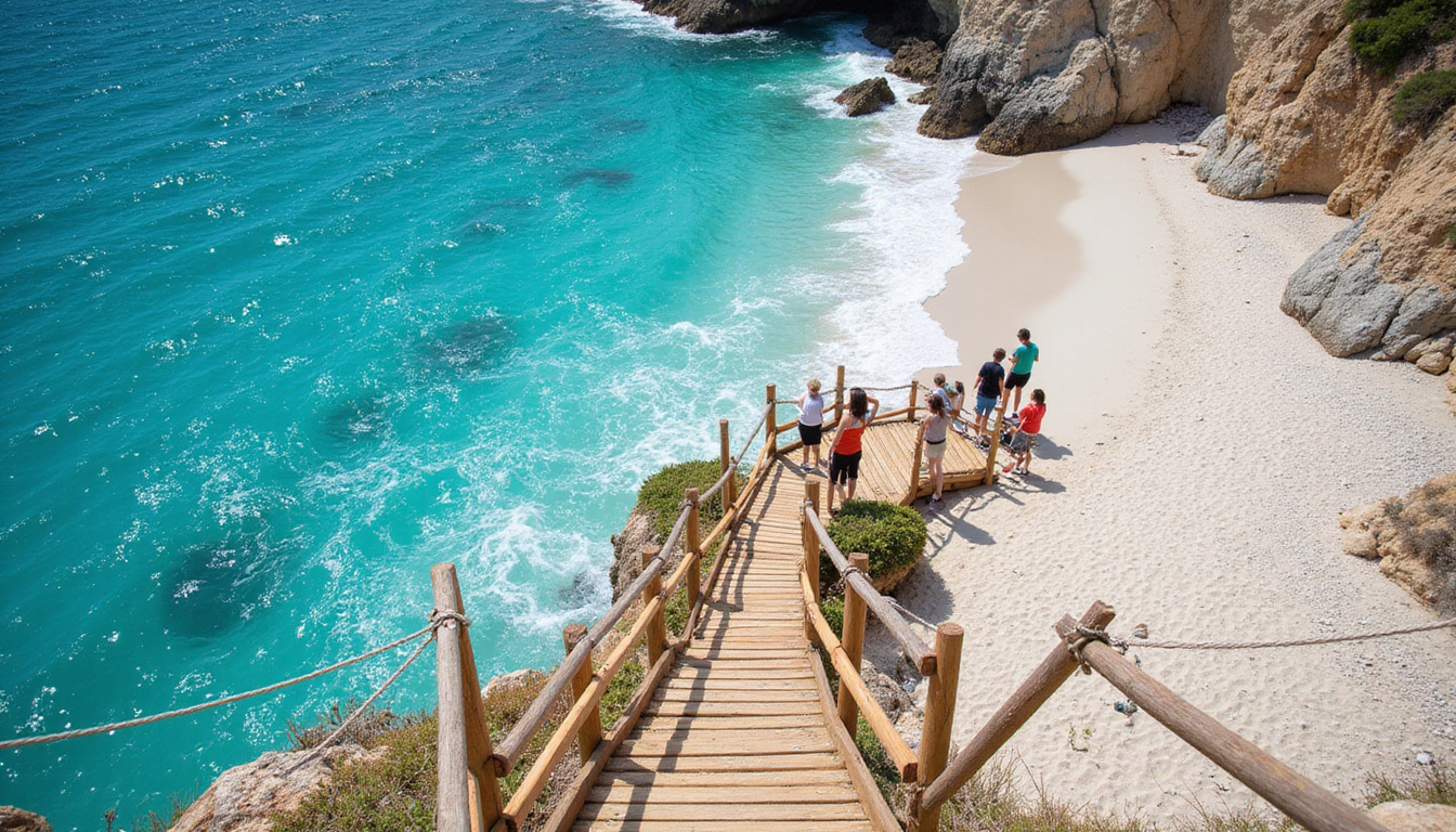  Steep wooden staircase descending to white sand cove, safety ropes, travelers admiring view
