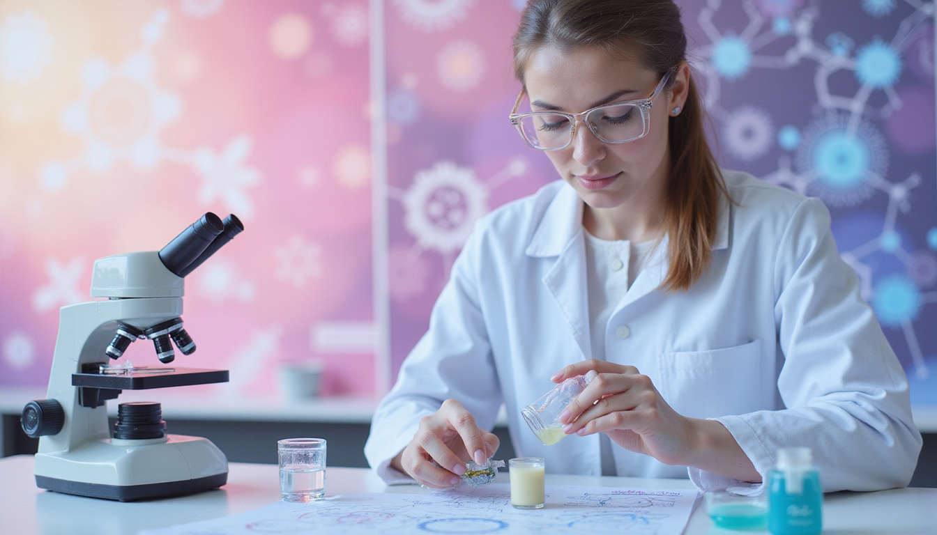  Laboratory chemist in white coat formulating probiotic skincare, microscopes, sterile glass vials, scientific diagrams