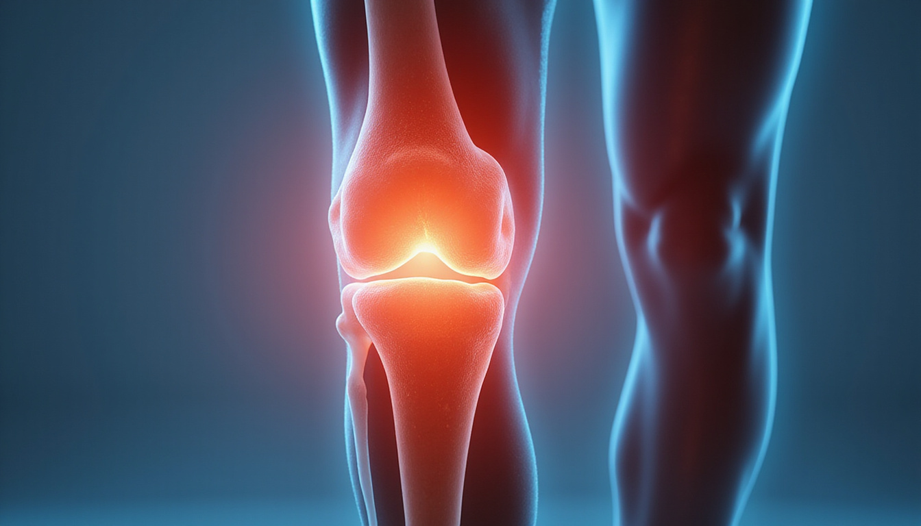  Hyperrealistic closeup knee anatomy overlay showing cartilage damage reversal, braces, physical therapy plan, soft studio lighting