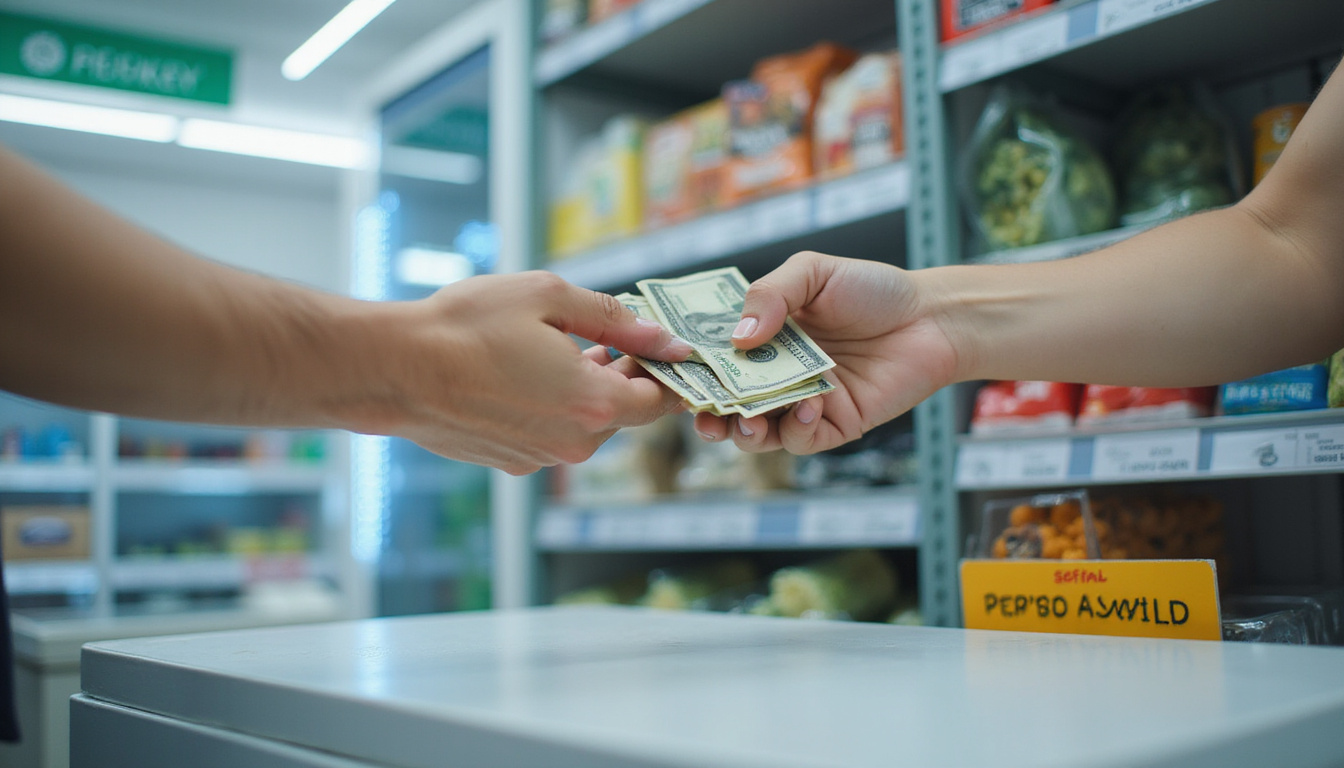  Close-up of hands exchanging cash next to cleaned freezer with sold sign, recycling center backdrop