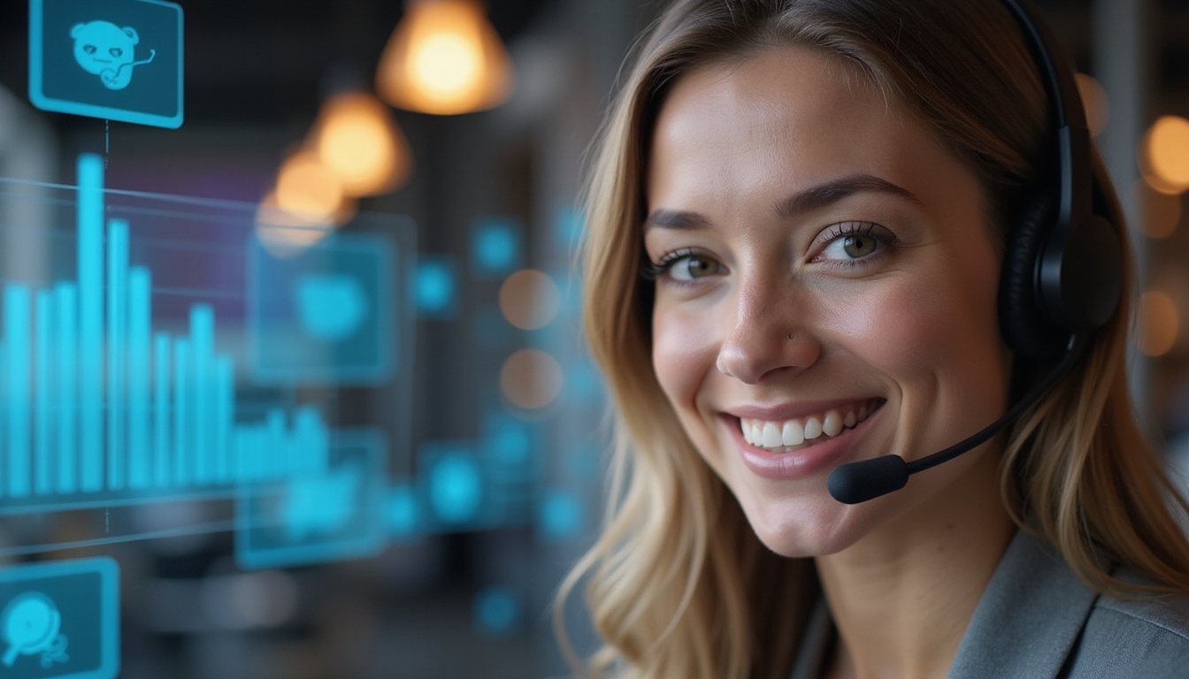  Smiling customer service agent with headset, live call waveform, conversion icons, warm professional lighting