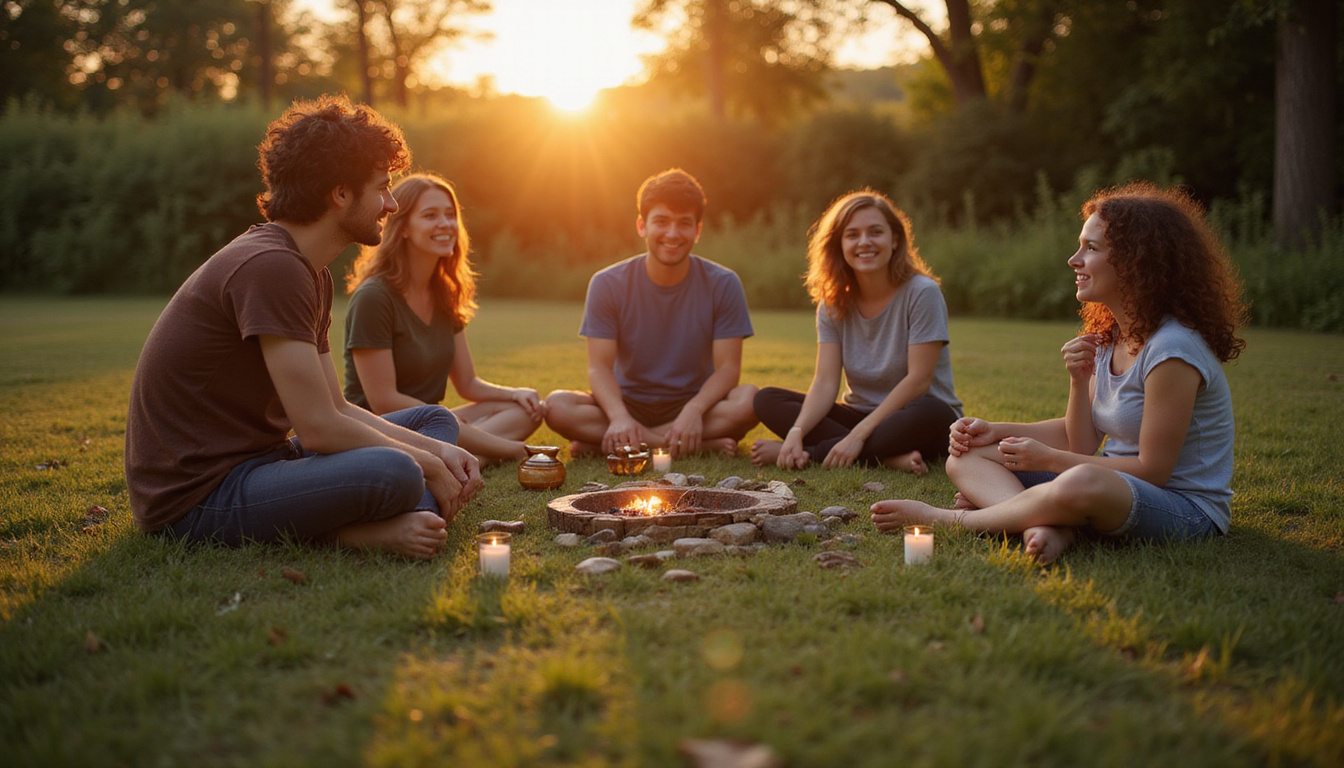  Family circle outdoors at dawn, barefoot on grass, gratitude stones, lanterns, warm compassionate smiles