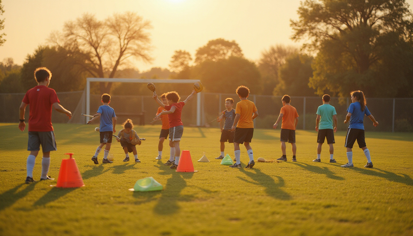  Diverse players practicing controlled return drills with cones paddles safety gear golden hour cinematic