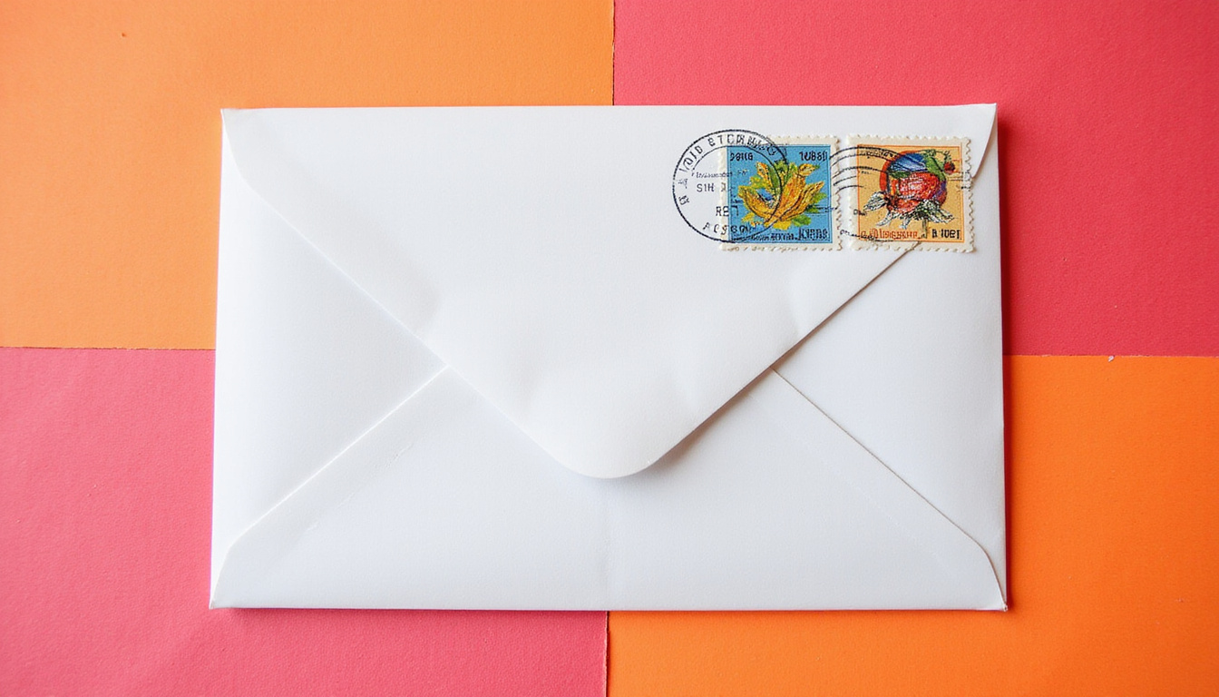 Minimalist white envelope with bold hand-lettered headline, retro stamps, upward open-rate chart overlay