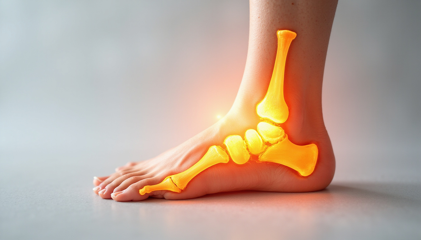  Cross-section illustration of foot bones aligning with orthotic support, warm light, pain fading