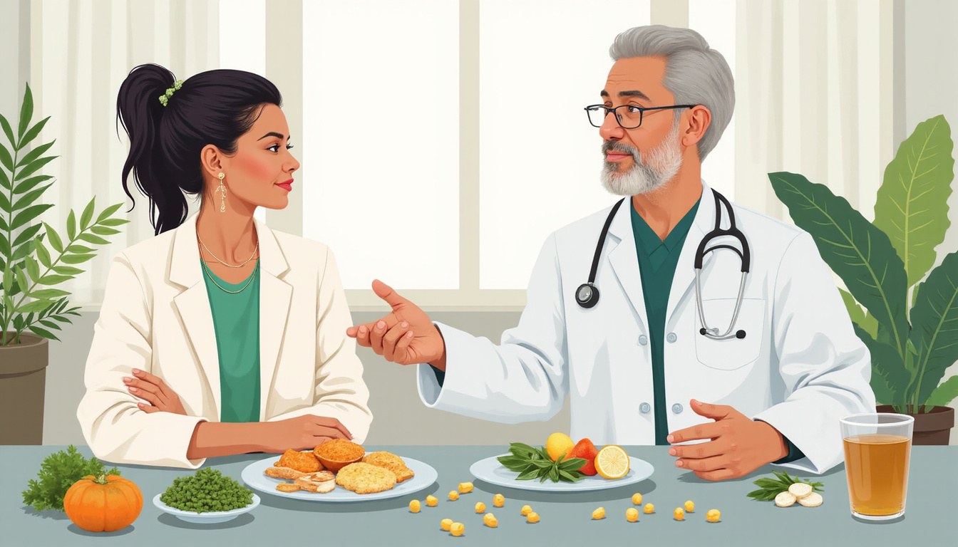  Middle-aged woman consulting empathetic physician, illustrated supplements and plant-based alternatives on table