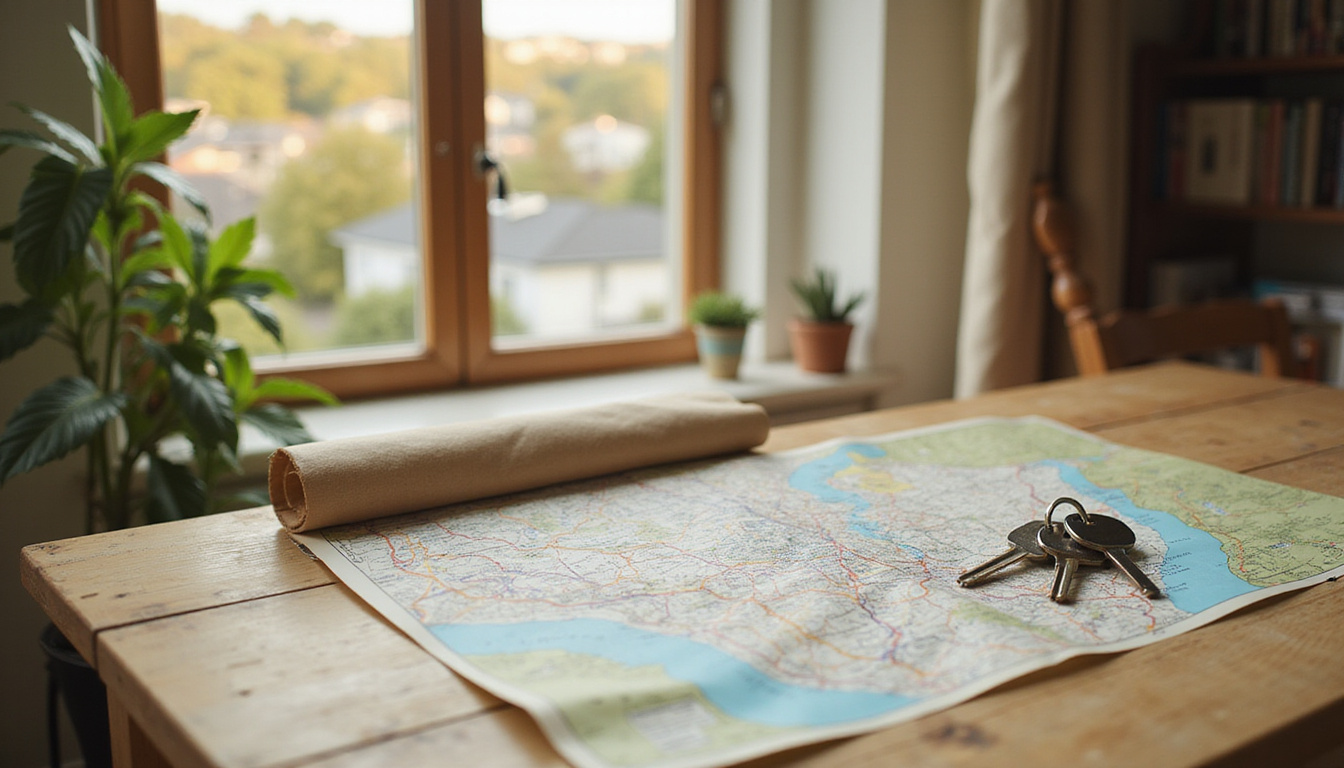  Map, checklist, keys on wooden table, cozy neighborhood view, warm morning light