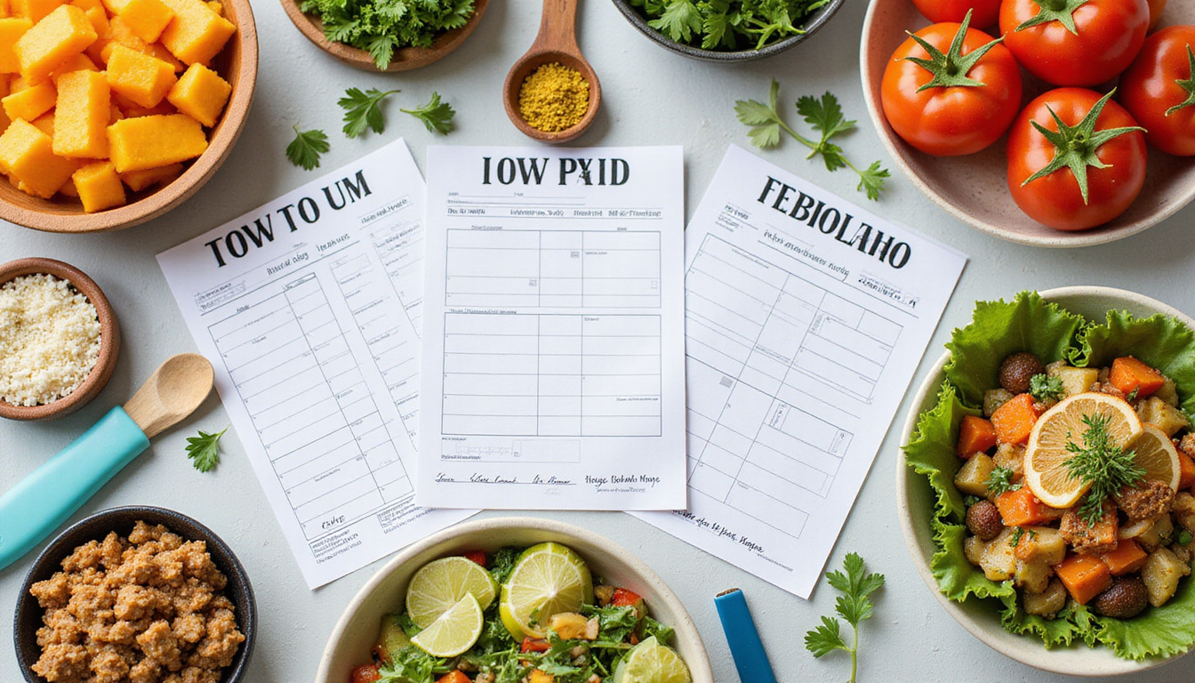  Top down spread of colorful low carb meals, labeled meal plan cards, measuring tools, fresh produce