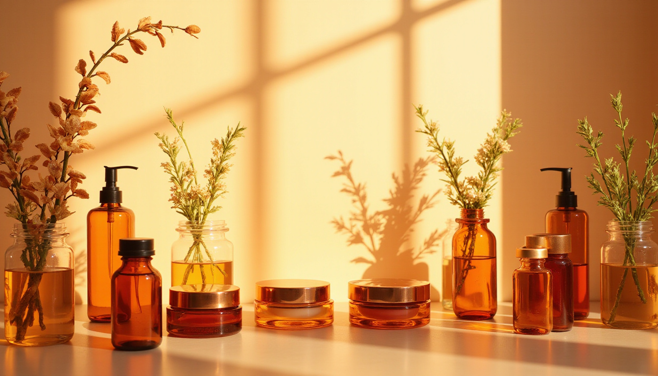  Minimalist laboratory shelves, amber ampoules, botanical extracts, silk creams, soft warm lighting, clinical elegance