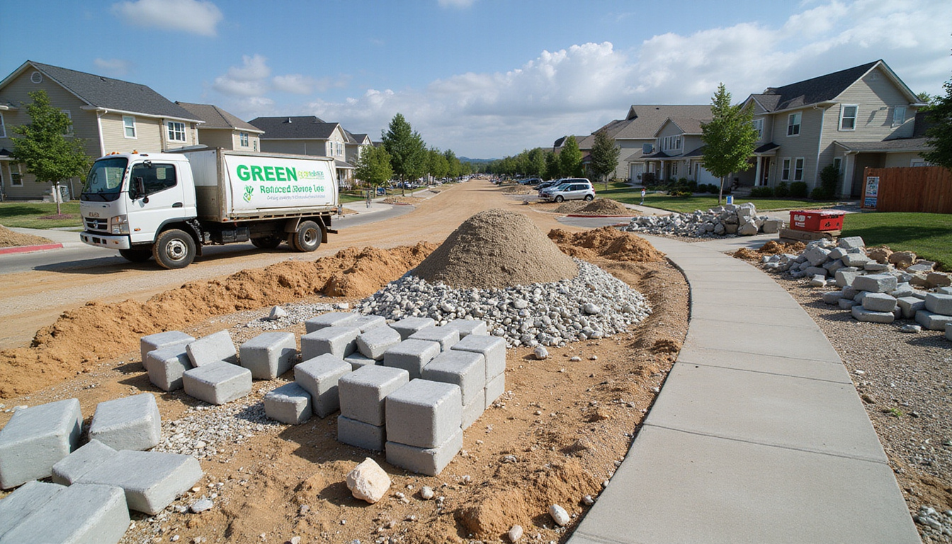  Neighborhood construction project using recycled concrete blocks, trucks, reduced landfill piles, green savings signage