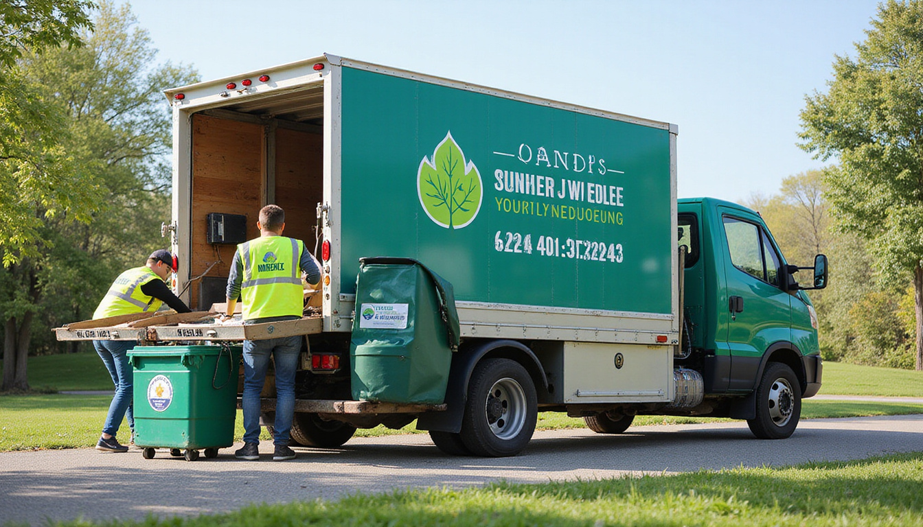  Eco-friendly junk removal team using electric truck, labeled donation bins, compost pile, digital timer