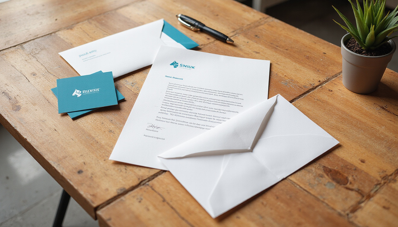  Flat lay branding mockup: letterhead, envelope, business card, wooden desk, natural light, clean aesthetic