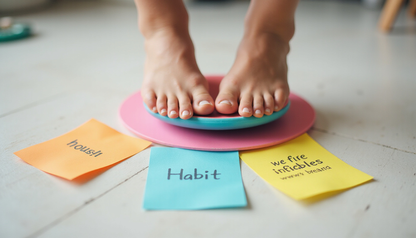  Close-up feet on wobble cushion, colorful sticky notes with tiny habit reminders, soft focus