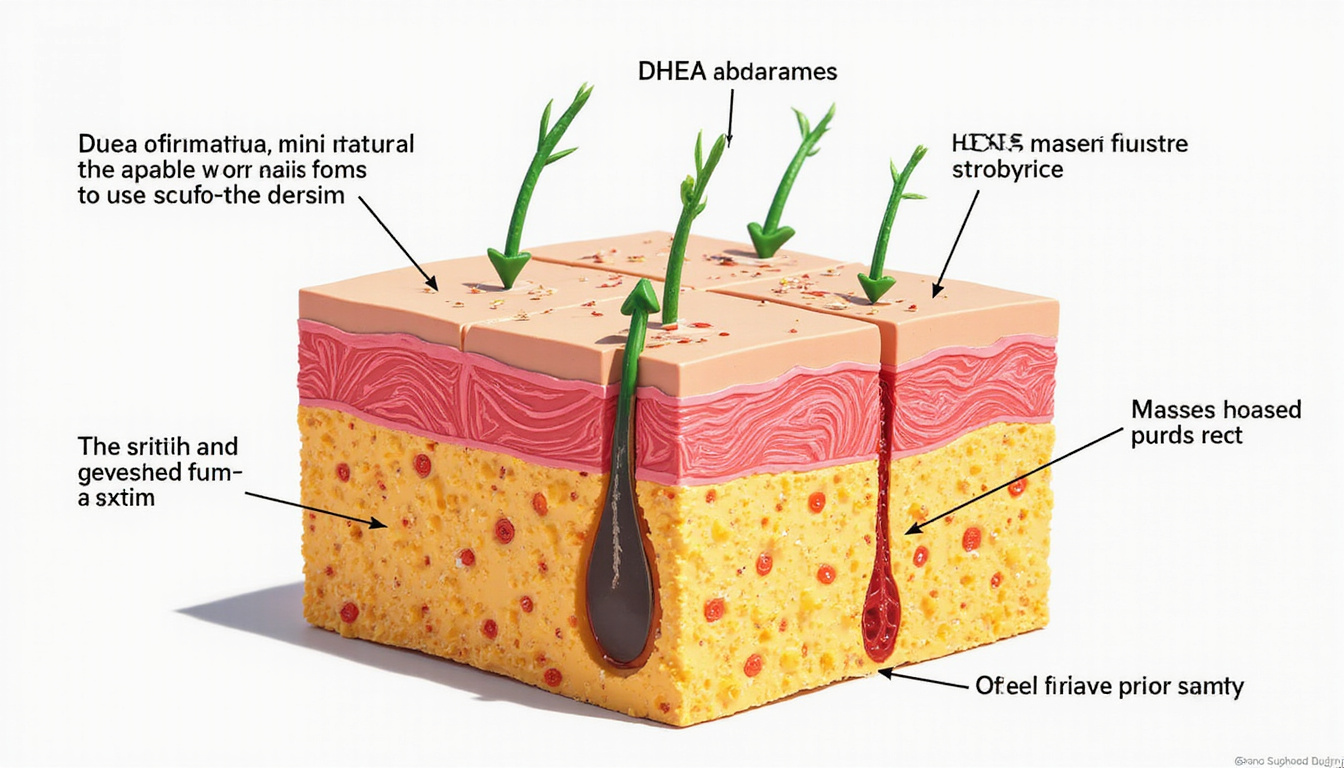  Infographic cross-section of scalp showing DHEA-induced follicle miniaturization, arrows, diagnostic labels, clean layout