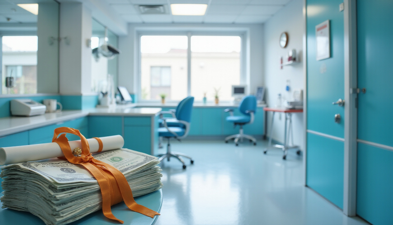  Modern veterinary clinic interior, gleaming instruments, stack of paychecks and diploma, celebratory feel