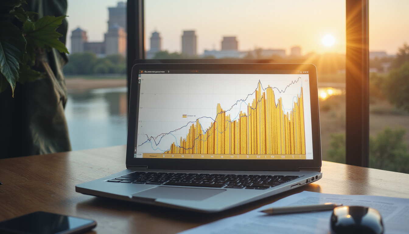  Investor analyzing property portal on laptop, Nile view, golden profit graph overlay