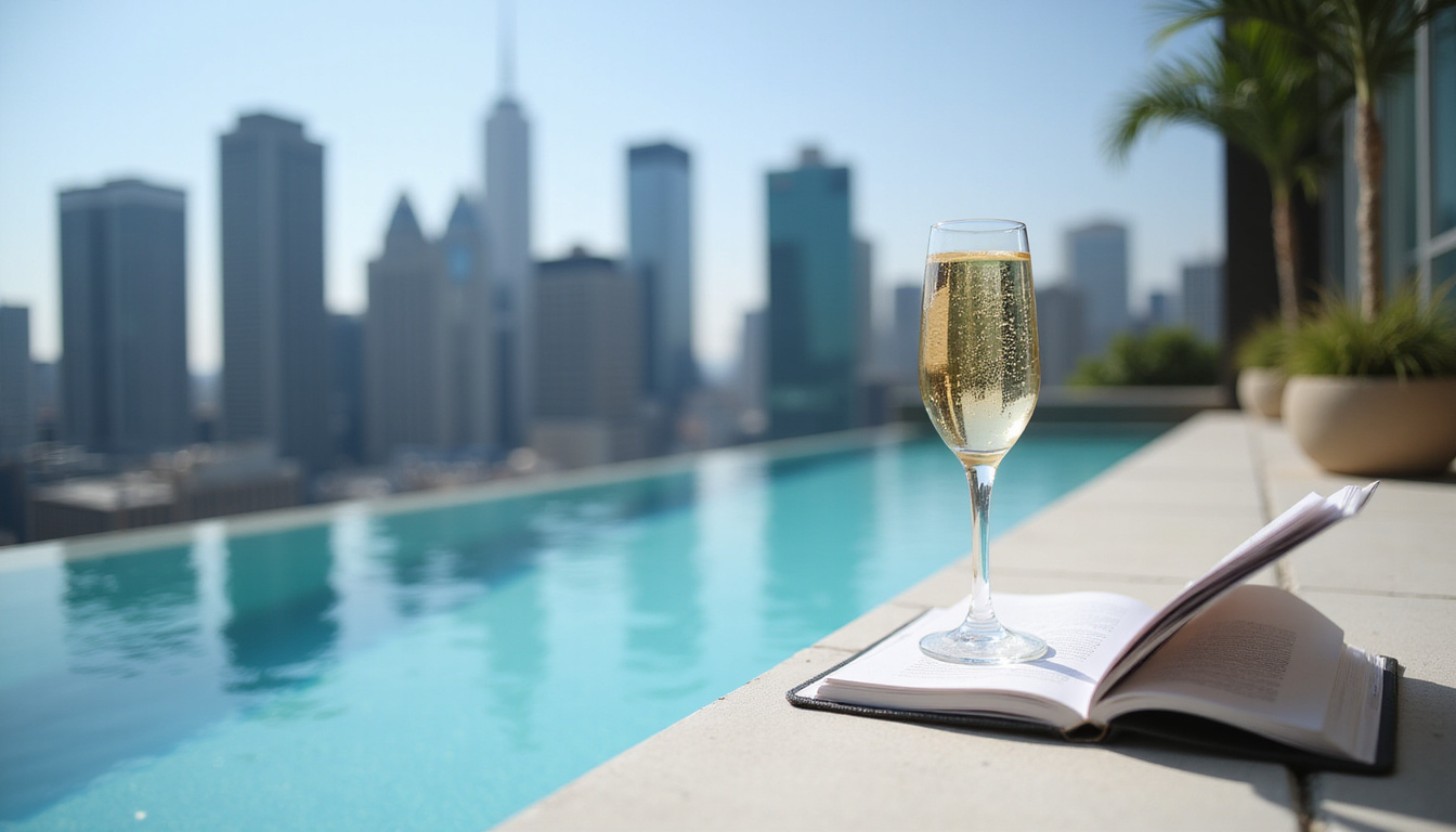  Traveler consulting insider review notes beside rooftop pool, skyline view, champagne flute