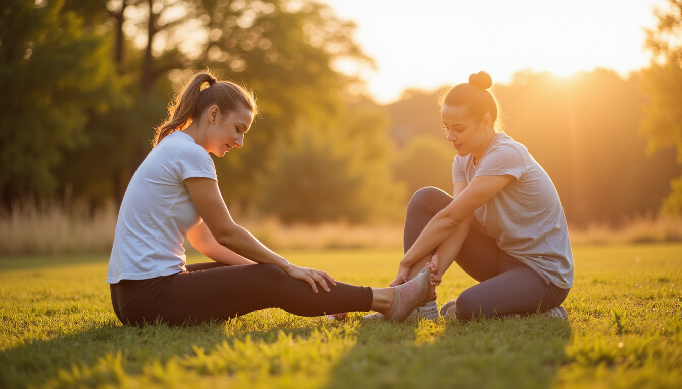  athlete practicing ankle rehabilitation exercises outdoors, therapist-assisted stretches, progress infographic overlays, hopeful sunrise