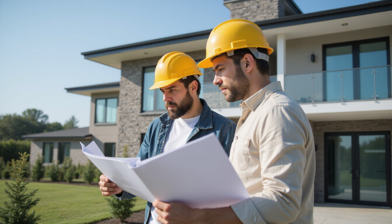  Inspector and homeowner reviewing plans, hard hats, careful expressions, modern house exterior