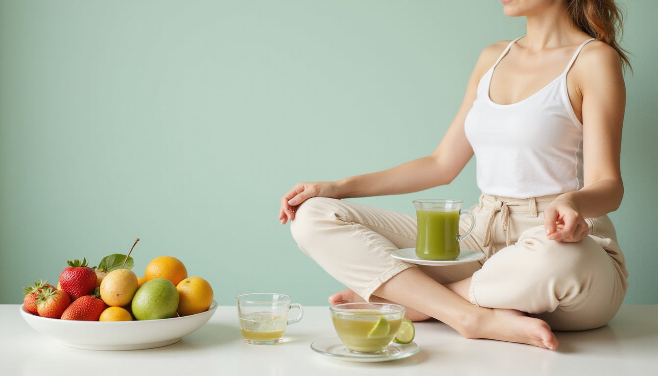  Calm woman meditating with glass of water, green tea, fresh fruit bowl, soft pastel tones