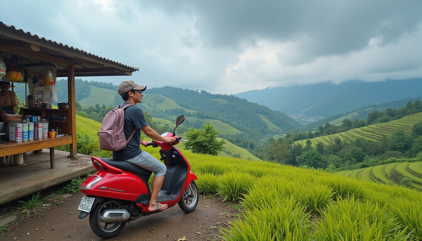  Budget traveler on scooter through rice terraces, street food stall, checklist and rupiah notes