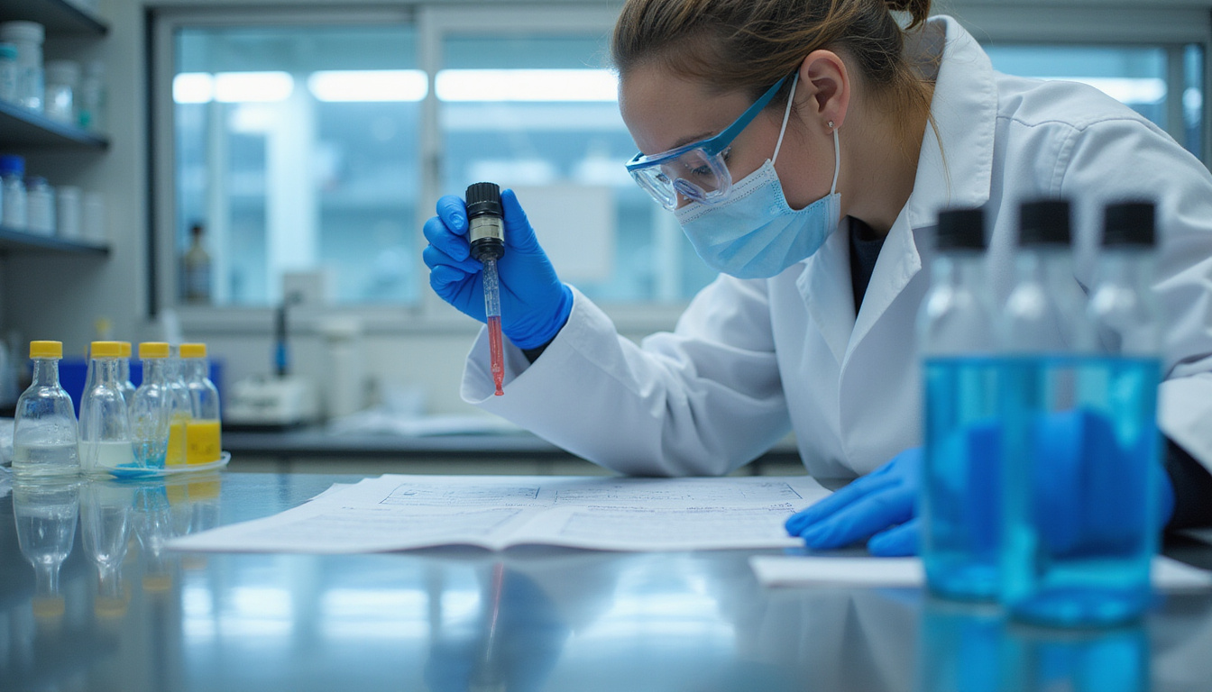  Precision formulation lab scene, scientist pipetting squalane, molecular structure overlays, certificates, sterile chrome surfaces