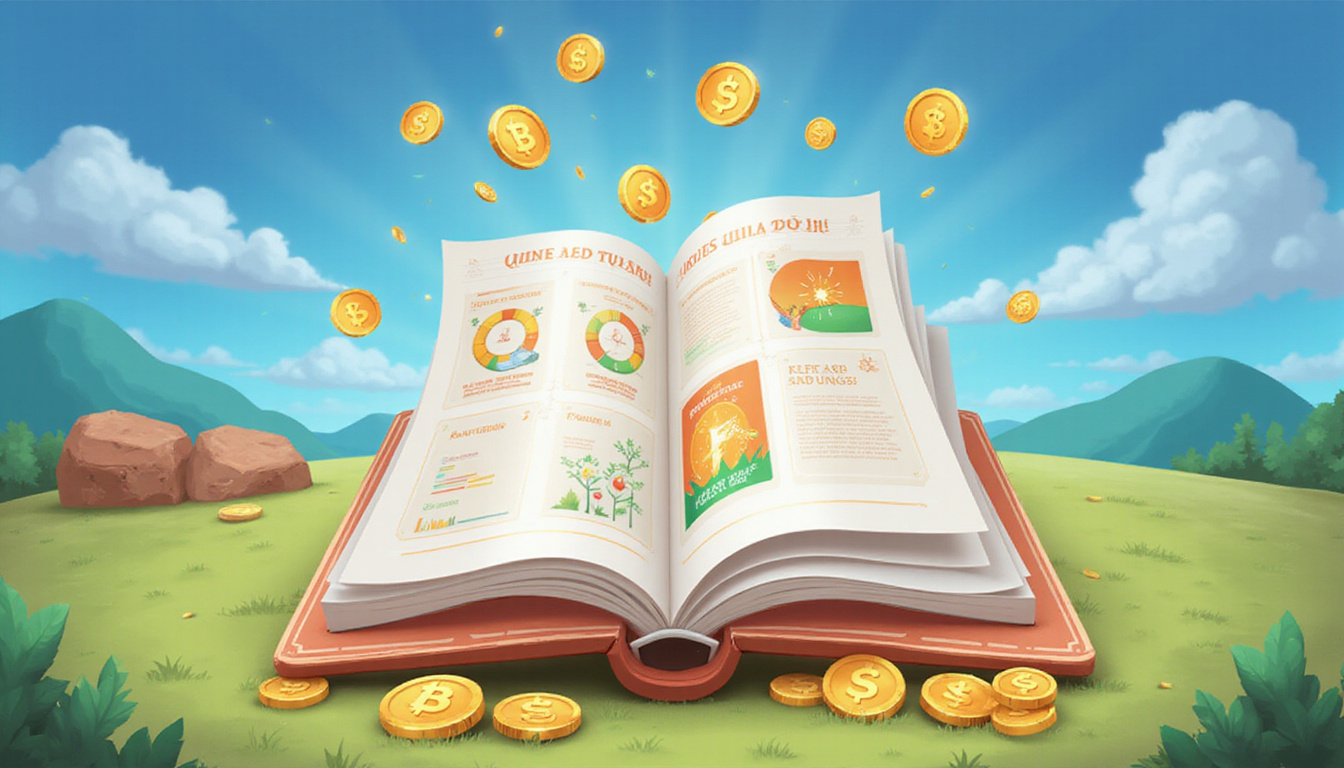 Open digital guidebook emitting coins, charts, and achievement badges, players celebrating around it