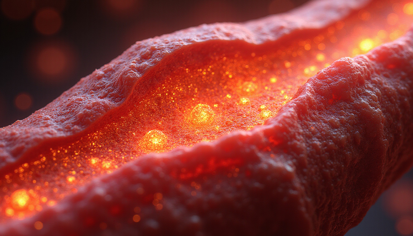  Cross-section of muscle fibers regenerating, healthy mitochondria, vibrant red and gold cellular repair illustration