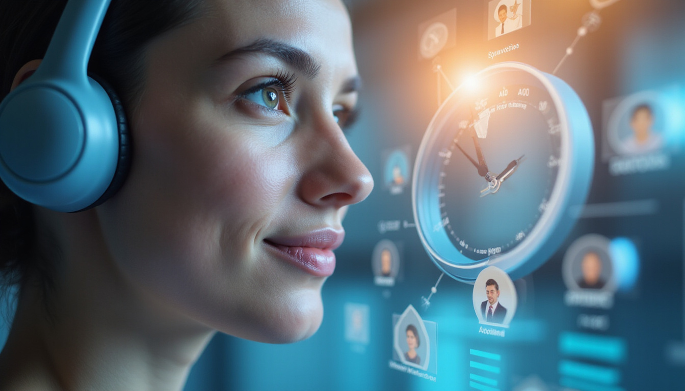 close-up of agent headset, stopwatch overlay, satisfied customer icons, modern clean infographic style